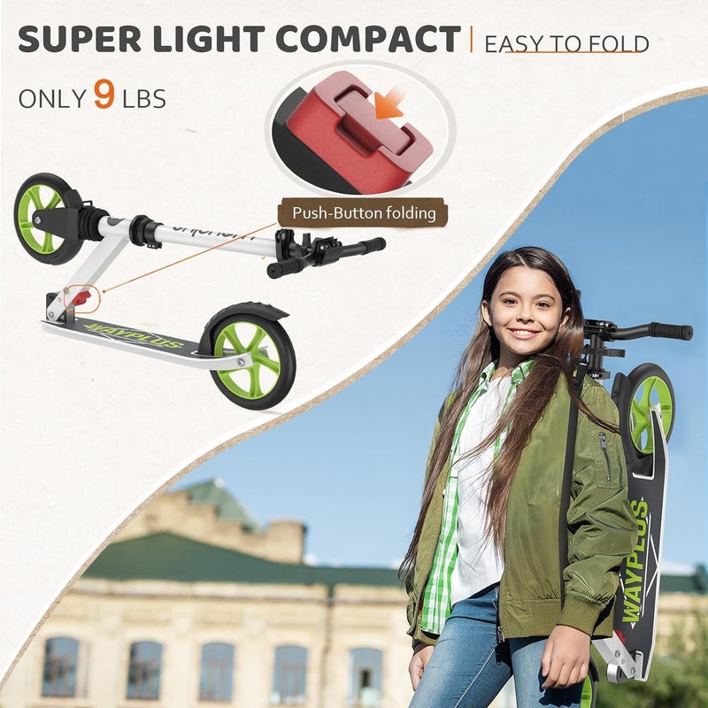 WAYPLUS Kick Scooter for Ages 6+,Kid, Teens & Adults. Max Load 240 LBS. Foldable, Lightweight, 8IN Big Wheels for Kids, Teen and Adults, 4 Adjustable Levels. Bearing ABEC9 - Image 2